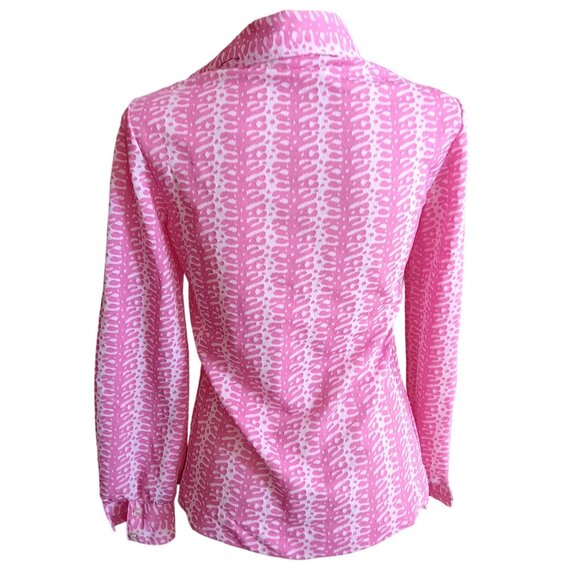 Medium Vintage Blouse Abstract Print Pink White Button-Up Size 10 1960's Mod - Picture 5 of 7